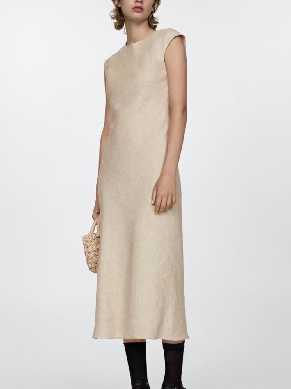 Mango Open Back Linen Cream Midi Dress